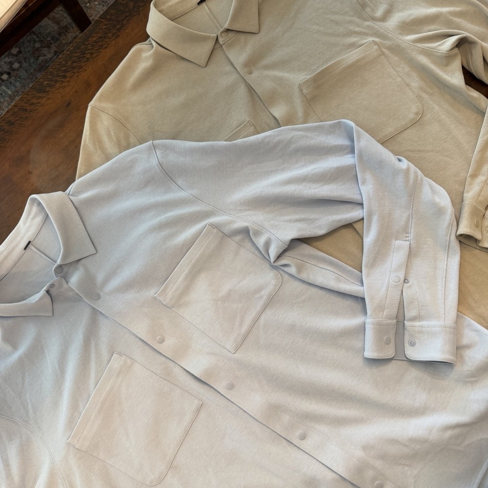 Lot of 2 Lululemon Soft Knit Overshirt Mens XL Beige Blue Long Sleeve Snap Front